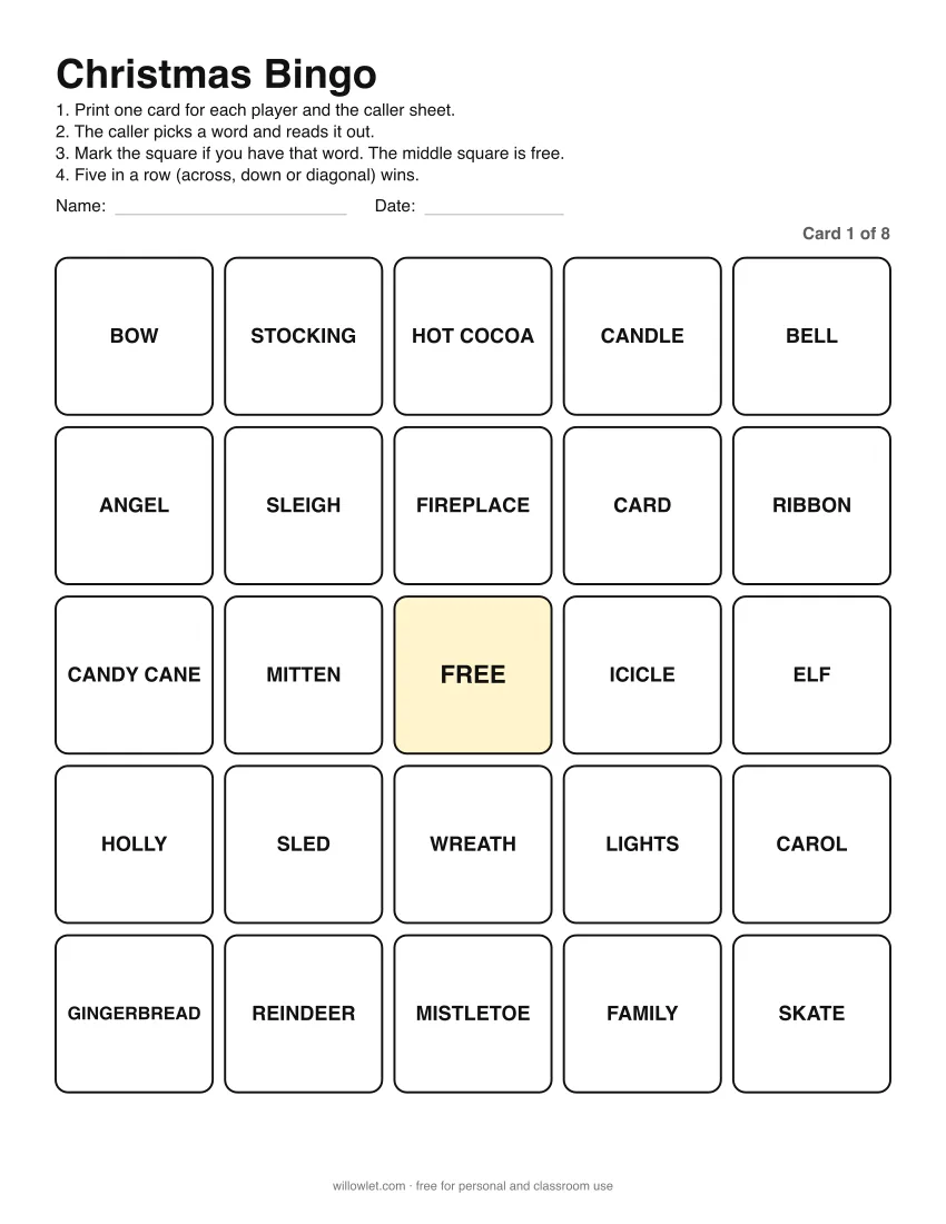 Preview of Christmas Bingo: Card 1 of 8