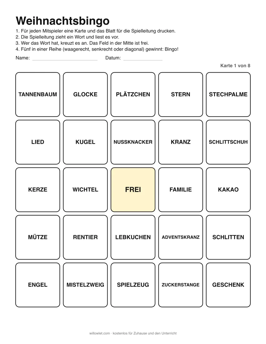Vorschau: Weihnachtsbingo: Karte 1 von 8