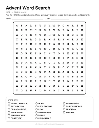 Advent Wordsearch, hard level: letter grid with the word list below