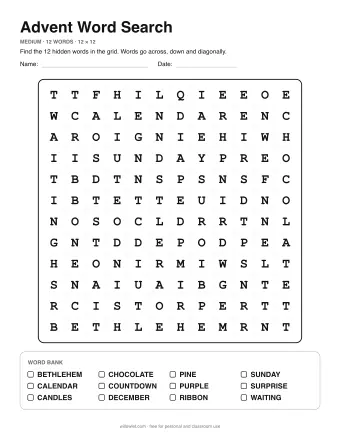 Advent Wordsearch, medium level: letter grid with the word list below
