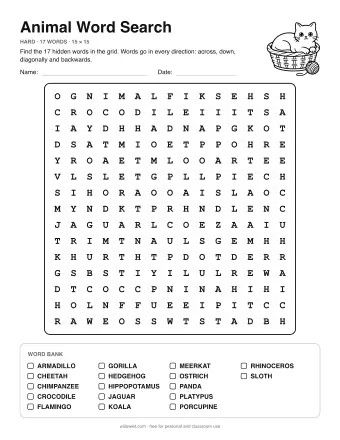 Animal Wordsearch, hard level: letter grid with the word list below