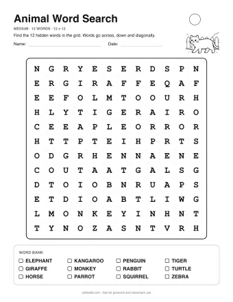 Animal Wordsearch, medium level: letter grid with the word list below