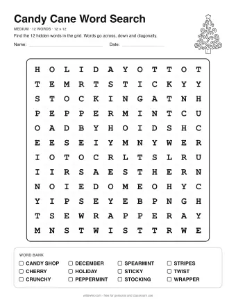 Candy Cane Word Search, medium level: letter grid with the word list below
