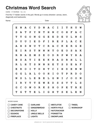 Christmas Word Search, hard level: letter grid with the word list below