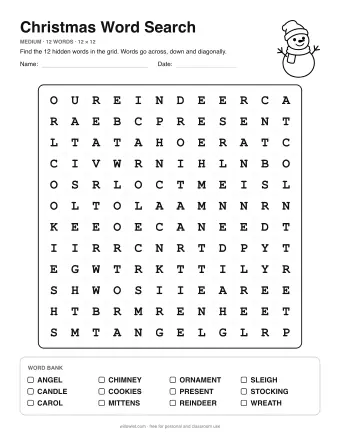 Christmas Word Search, medium level: letter grid with the word list below