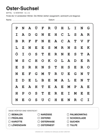 Oster-Suchsel, Stufe mittel: Buchstabengitter mit Wörterliste