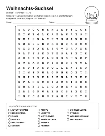Weihnachts-Suchsel, Stufe schwer: Buchstabengitter mit Wörterliste