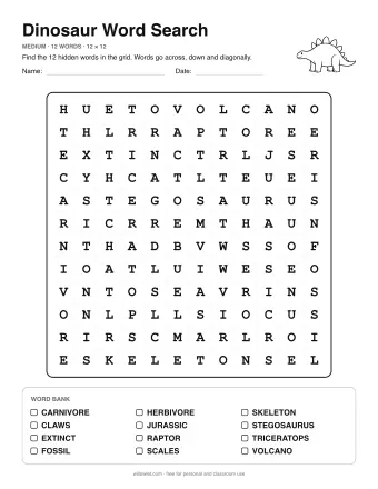 Dinosaur Word Search, medium level: letter grid with the word list below