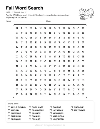 Fall Word Search, hard level: letter grid with the word list below