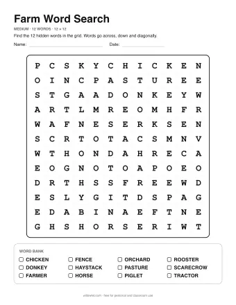 Farm Word Search, medium level: letter grid with the word list below
