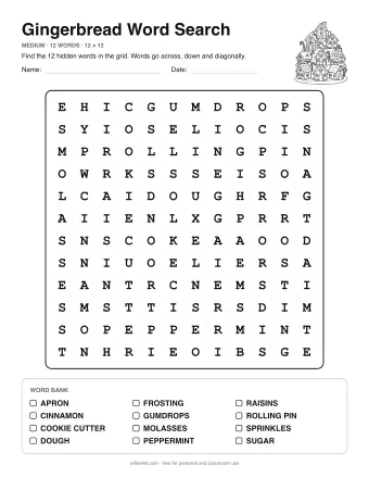 Gingerbread Wordsearch, medium level: letter grid with the word list below
