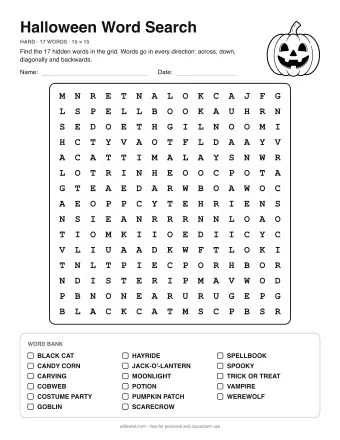 Halloween Wordsearch, hard level: letter grid with the word list below