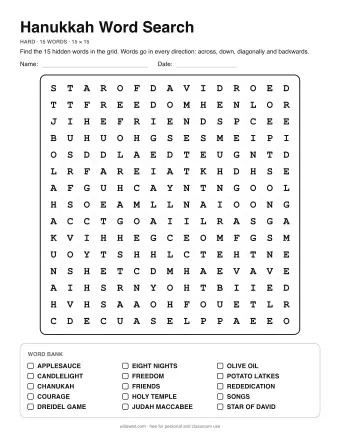 Hanukkah Wordsearch, hard level: letter grid with the word list below