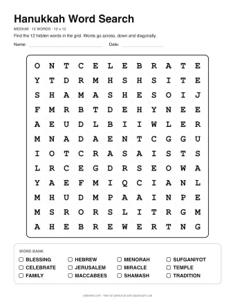 Hanukkah Wordsearch, medium level: letter grid with the word list below
