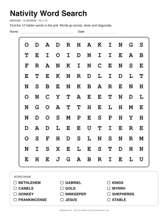 Nativity Word Search, medium level: letter grid with the word list below