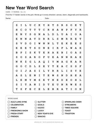 New Year Wordsearch, hard level: letter grid with the word list below