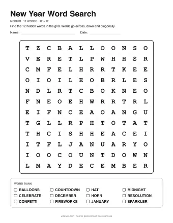 New Year Wordsearch, medium level: letter grid with the word list below
