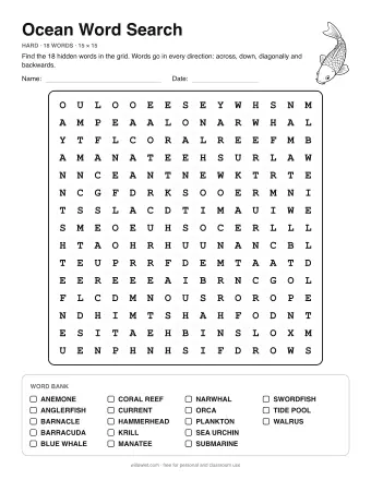 Ocean Word Search, hard level: letter grid with the word list below