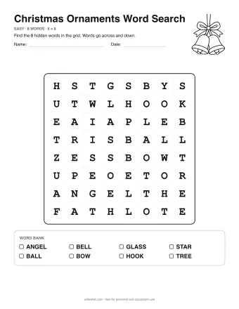 Christmas Ornaments Word Search, easy level: letter grid with the word list below