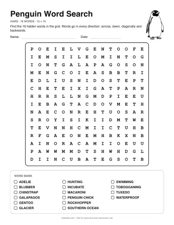 Penguin Word Search, hard level: letter grid with the word list below