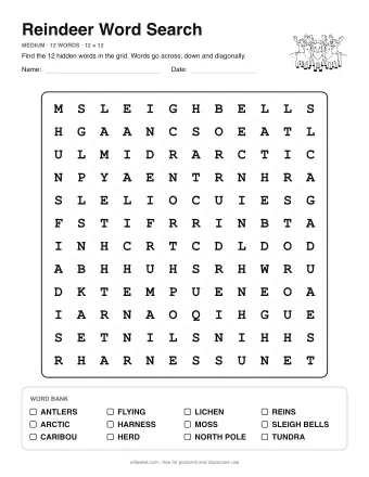 Reindeer Word Search, medium level: letter grid with the word list below
