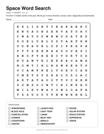 Space Word Search, hard level: letter grid with the word list below