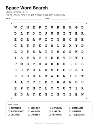 Space Word Search, medium level: letter grid with the word list below