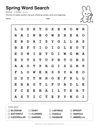 Spring Word Search, medium level: letter grid with the word list below