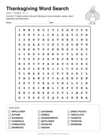 Thanksgiving Word Search, hard level: letter grid with the word list below