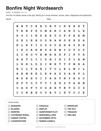 Bonfire Night Wordsearch, hard level: letter grid with the word list below