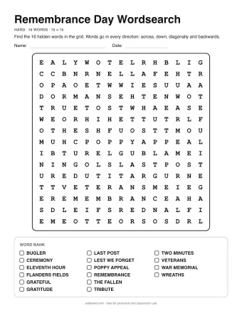 Remembrance Day Wordsearch, hard level: letter grid with the word list below