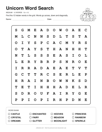 Unicorn Word Search, medium level: letter grid with the word list below