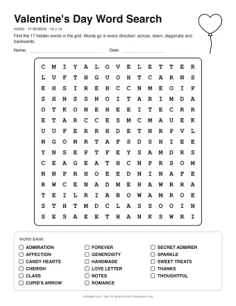 Valentine's Wordsearch, hard level: letter grid with the word list below