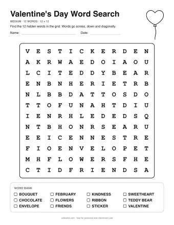 Valentine's Wordsearch, medium level: letter grid with the word list below