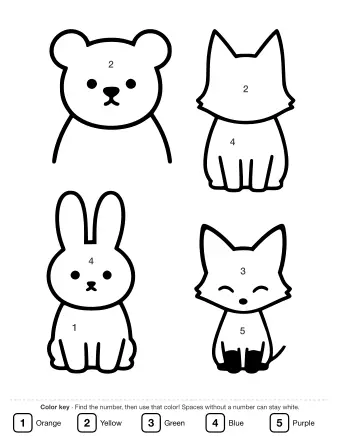 Black-and-white line drawing of four cartoon animals: a bear head, a fox head, a rabbit head, and a sleeping fox head, arranged in a two-by-two grid.