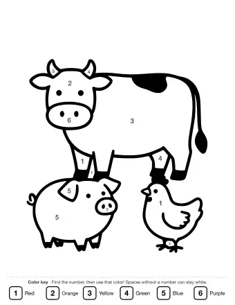 Black-and-white line drawing of a spotted cow, a curly-tailed pig, and a small chicken standing together on a farmyard.