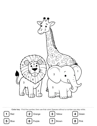 Black and white line drawing of a lion with a full mane, a tall giraffe with spots, and an elephant with large ears and a curled trunk standing together.