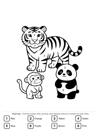 Black-and-white line drawing of a standing tiger, a small monkey, and a panda bear in a zoo enclosure