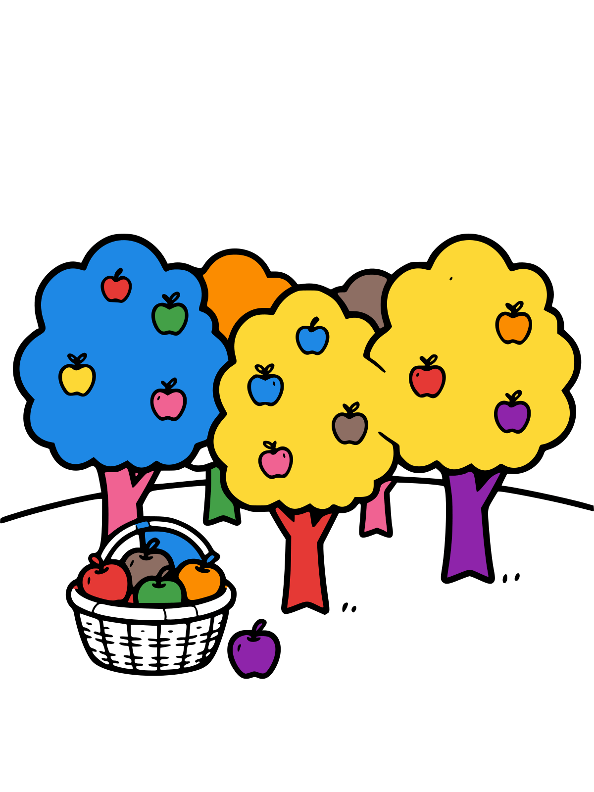 Black-and-white line drawing of three apple trees in a row with apples on the branches, a woven basket of apples in the foreground, and one apple on the ground.