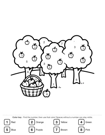 Black-and-white line drawing of three apple trees in a row with apples on the branches, a woven basket of apples in the foreground, and one apple on the ground.