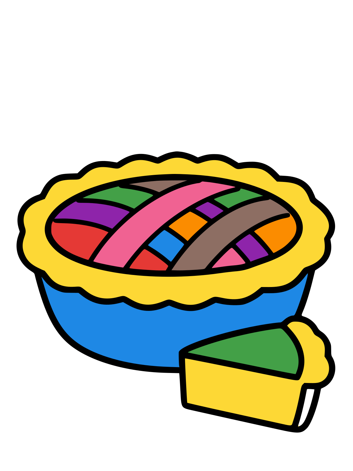 Line drawing of a round apple pie with a lattice crust in a dish and a single slice on a plate beside it