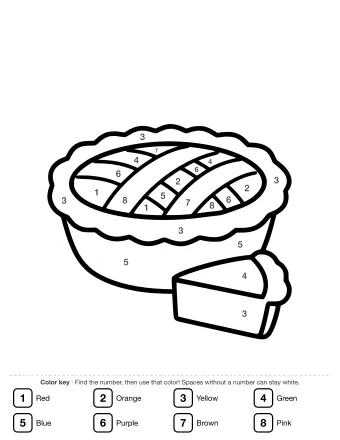 Line drawing of a round apple pie with a lattice crust in a dish and a single slice on a plate beside it
