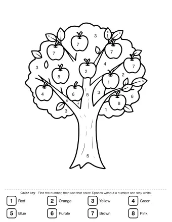 Line drawing of an apple tree with a thick trunk, spreading branches, many leaves, and about a dozen round apples hanging in the canopy.