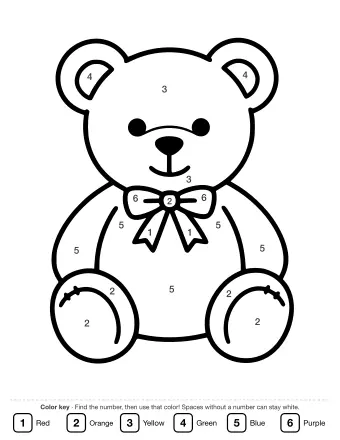 Black and white line drawing of a sitting teddy bear with round ears, a ribbon at its neck, and stitched paws.