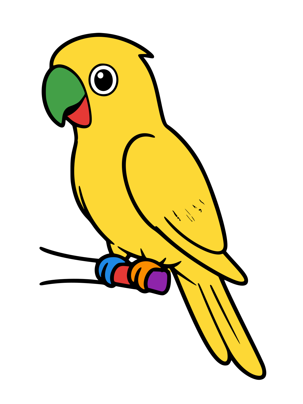Black-and-white line drawing of a parrot perched on a branch, shown in profile with a curved beak, round eye, and long tail feathers.