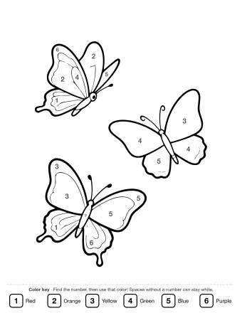 Black-and-white line drawing of three butterflies flying together, each with open wings, a segmented body, and two antennae.