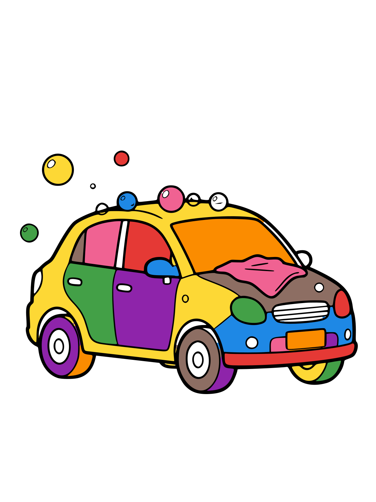Line art of a car being washed with bubbles for coloring