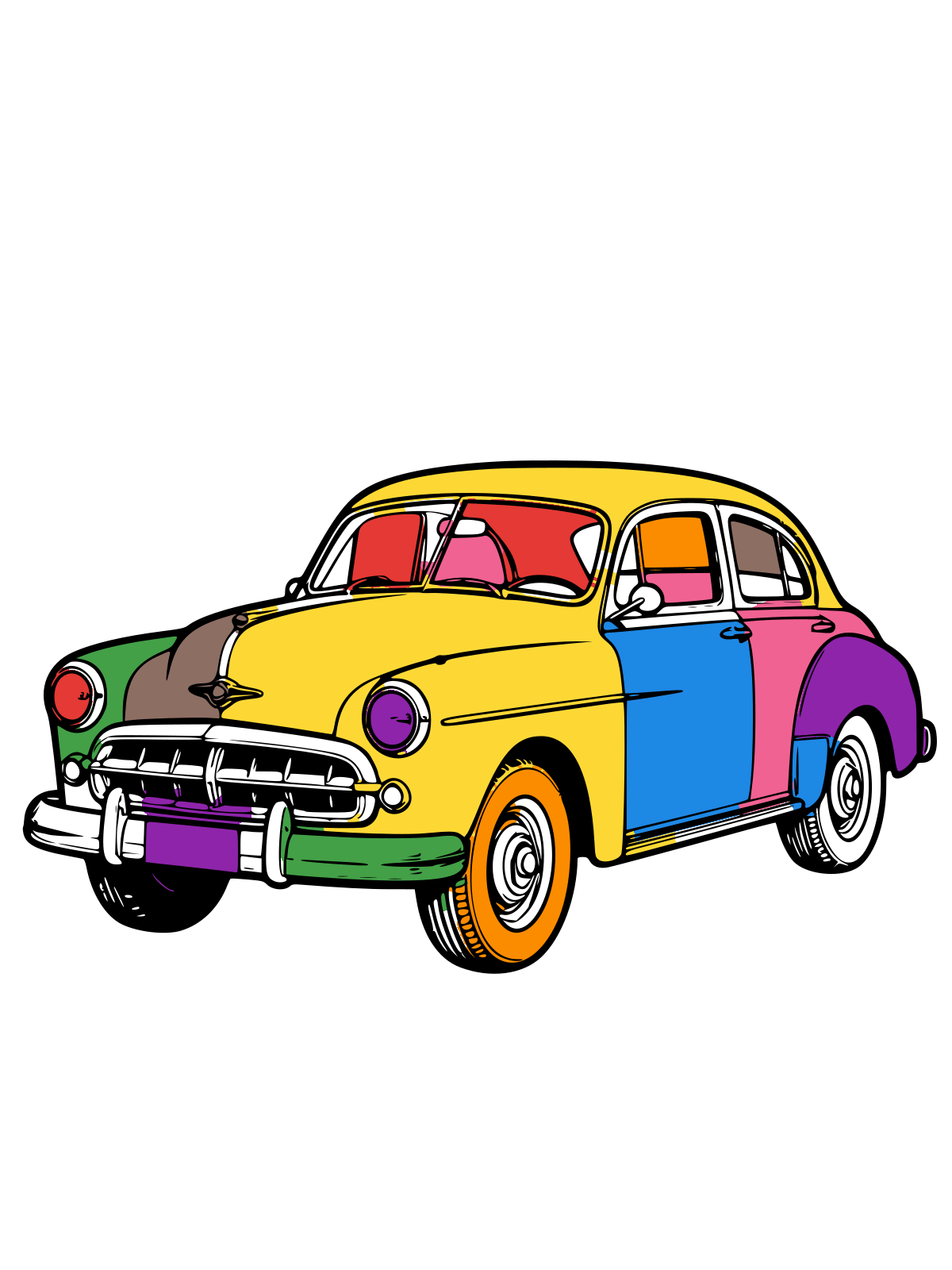 Black and white line drawing of a vintage classic car with rounded fenders, chrome grille, round headlights, and whitewall tires, shown in a three-quarter front view.
