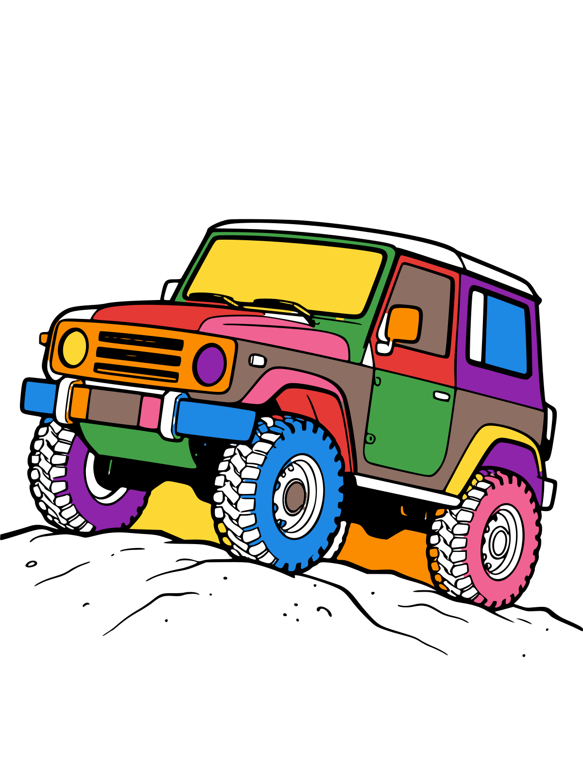 Line art of a rugged off-road SUV climbing rocks