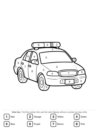 Black-and-white line drawing of a police car shown in three-quarter front view, with a light bar on the roof, side mirror, door handle, two headlights, a front grille, a license plate, and two wheels with hubcaps.